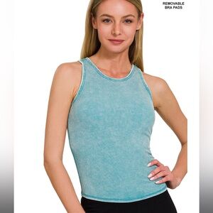 NEW ZENANA WASHED RACER BACK RIB TANK TOP W REMOVABLE PADS DUSTY TEAL S, M, L